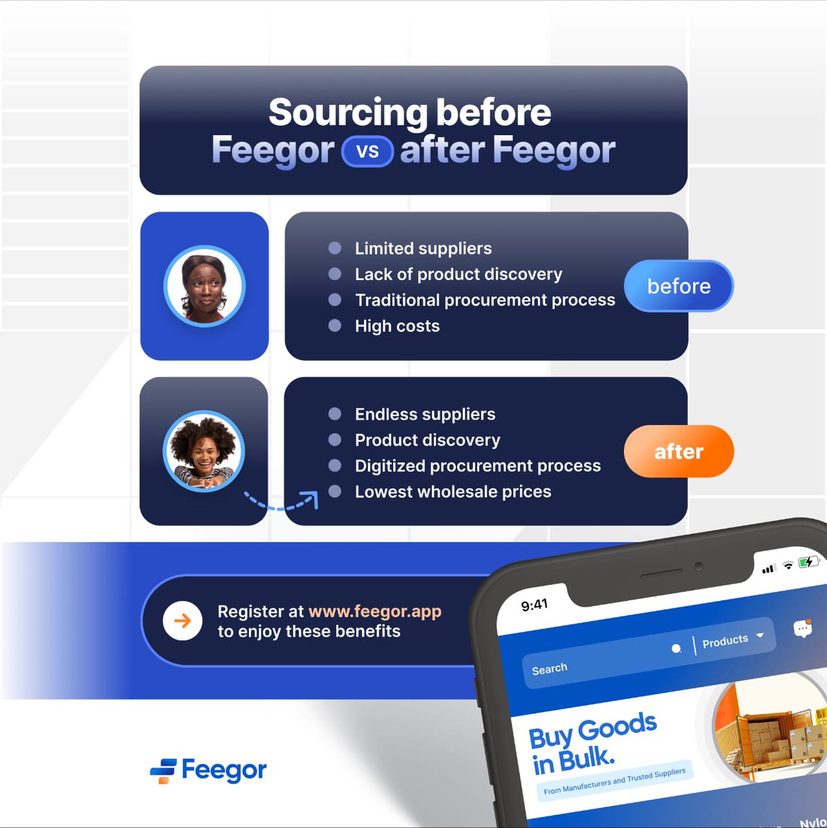 Check out the before and after experiences of sourcing for products using Feegor. What does this tell you?

Hurry and register on #Feegor at feegor.app to give your business the desired to boost to the next level. Don't be left behind 👌🏽

#BuyinBulk in style and at…