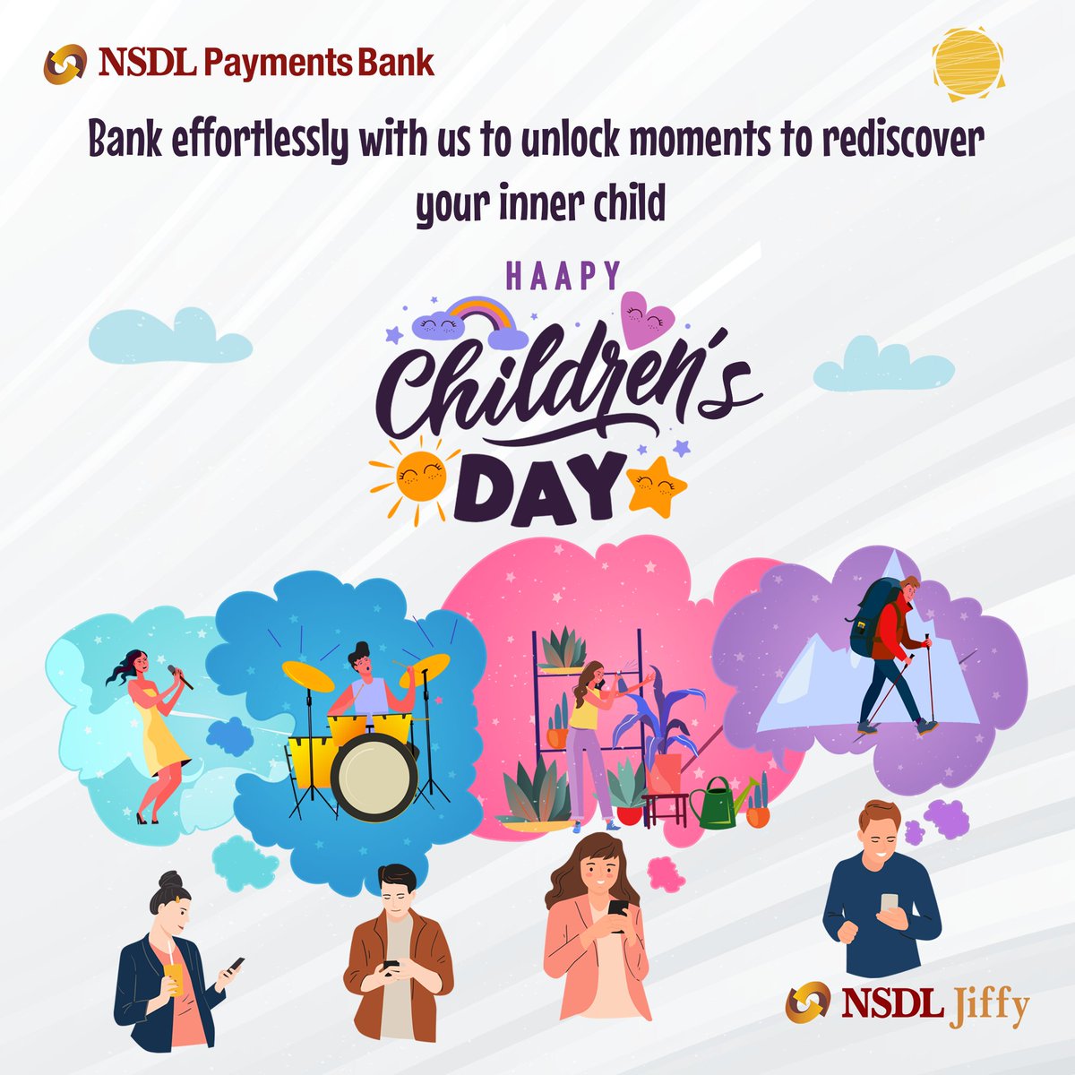 Secure, Swift, and Stress-Free! Dive into the world of carefree transactions with our NSDL Payments Bank, so you can focus on what matters most – enjoying life! Happy Children’s Day to the inner child hidden in us. #ChildrensDayCelebration #StressFreeLiving #nsdl #digitalbanking