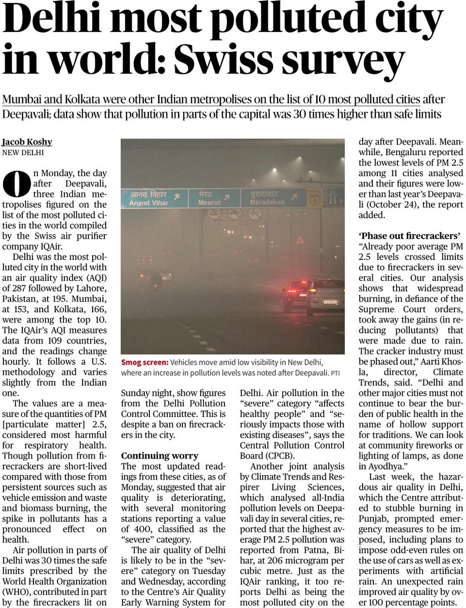 📊 PM 2.5 levels surged post-Deepavali, exceeding WHO limits by 30 times in parts of Delhi. 
⚠️ Urgent call for firecracker phase-out and sustainable alternatives to protect public health. Let's prioritize well-being over traditions. #AirQuality #PollutionCrisis #DelhiPollution