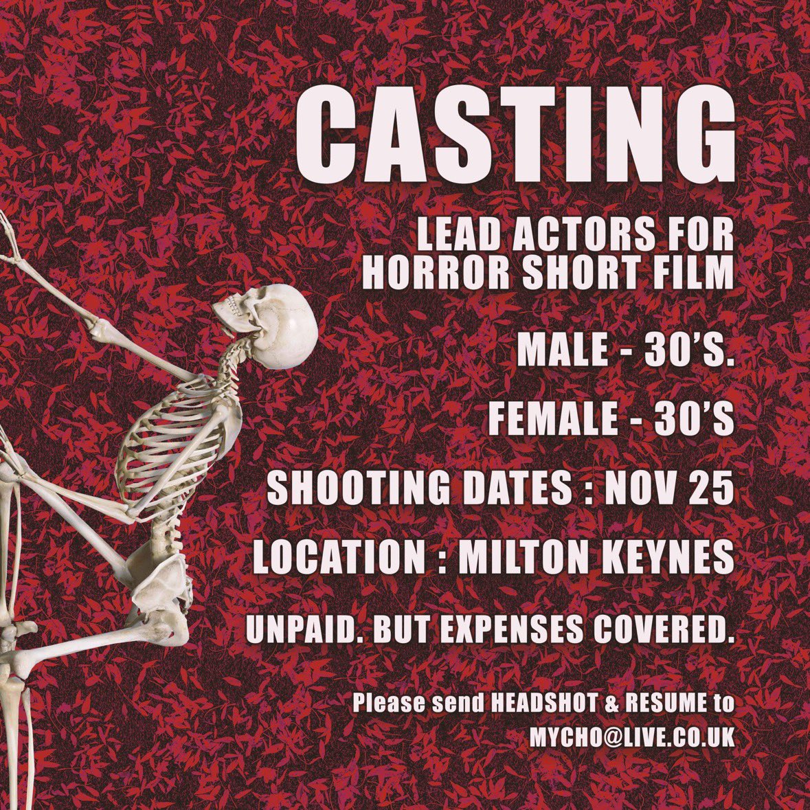 #CASTING

Lead roles in a short horror film shooting this month! Get in touch if you’re interested!