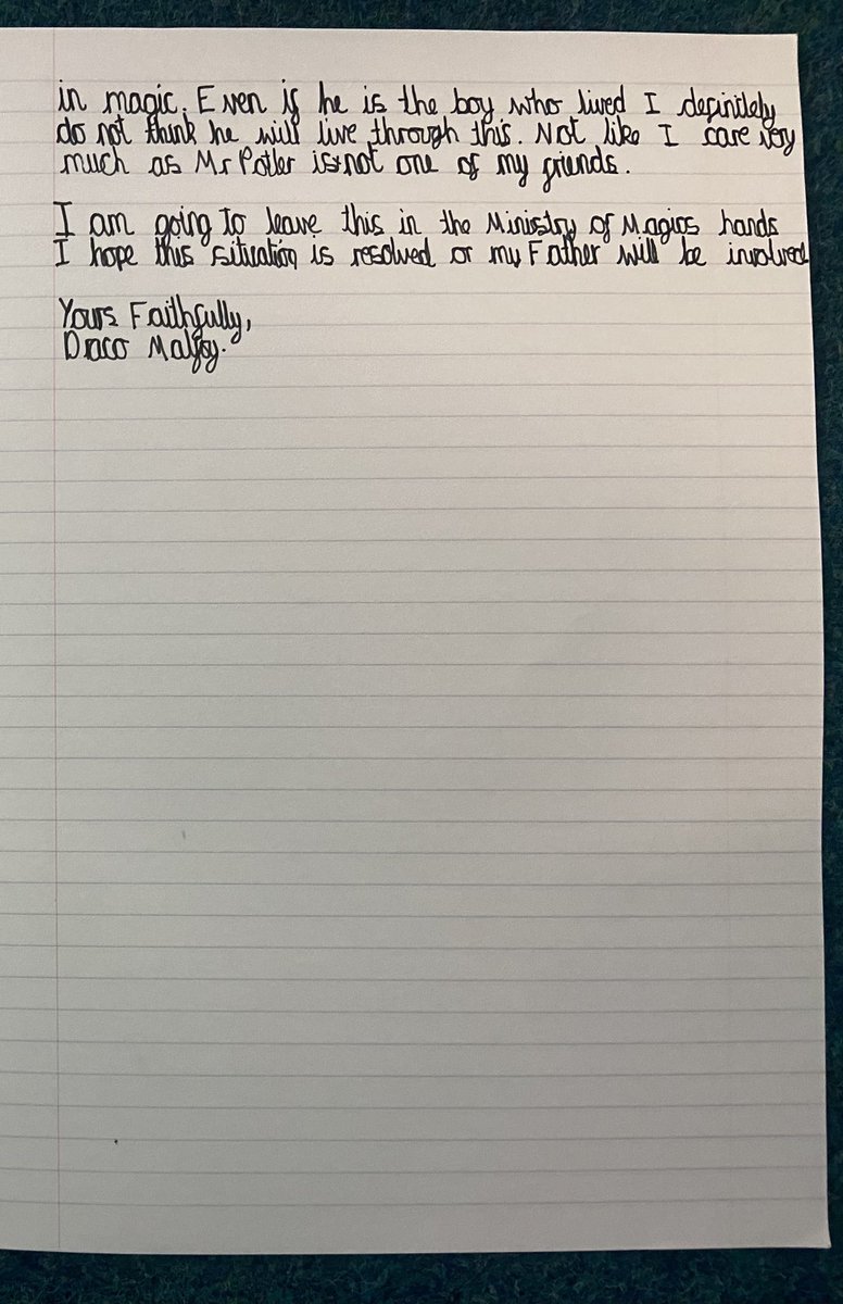 jodstan88's tweet photo. Purpose: write a letter of complaint about Harry P being able to participate in the Tri-Wizard Tournament. 

Audience: Ministry of Magic. 

The children were asked to become either Hermione or Draco 

#HarryPotter #childrensinterests #purposeforwriting #audience

@jk_rowling https://t.co/Wmyw9QAgHu