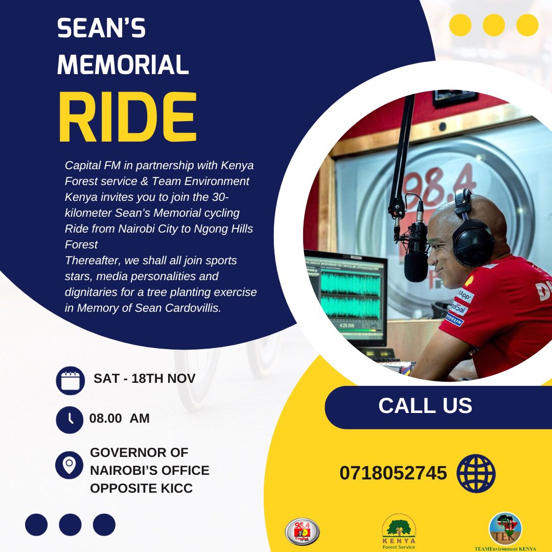CapitalFMKenya's tweet photo. Join us in honoring the legendary Sean Cardovillis, the voice of sports, with SEAN's MEMORIAL RIDE.
Save the date: November 18, 2023, and make a difference for the environment.
Register to Participate: https://t.co/PzhLX9ZGUN. π΄ββοΈ
#ForSean https://t.co/ICxGR1iMCW