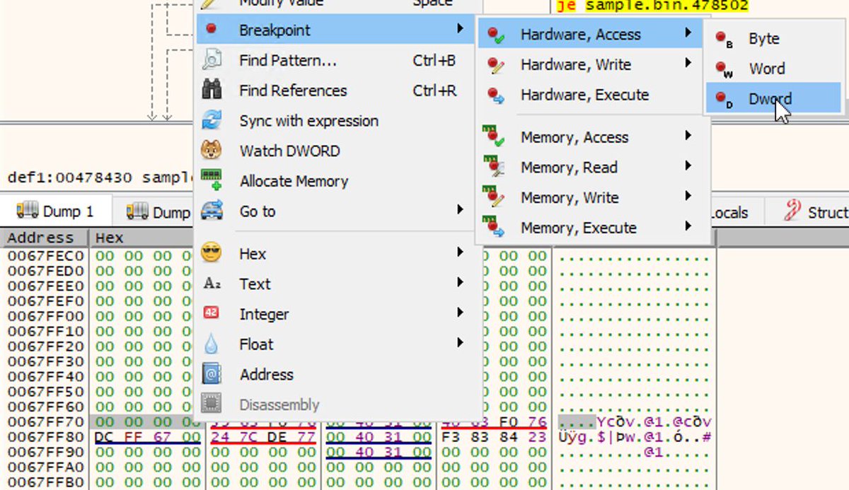 re_and_more's tweet image. RE tip of the day: When performing manual unpacking, to set a breakpoint at ESP-4, use hardware breakpoint on access, not memory breakpoint. Memory breakpoints are imprecise as they modify protection flags for at least one memory page.
#cybersecurity #malware #reverseengineering