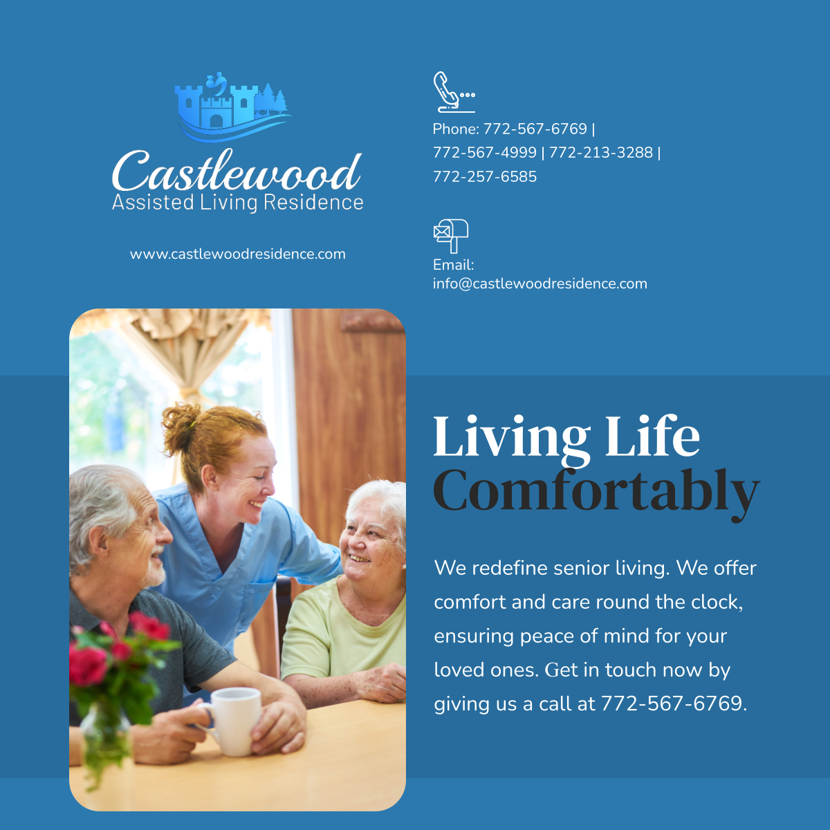 Experience the redefined senior living at Castlewood Assisted Living Residence. We provide 24/7 comfortable care, giving peace of mind to your loved ones. Reach out now at 772-567-6769.

#ComfortableCare #AssistedLivingHome #VeroBeachFL #CallUs