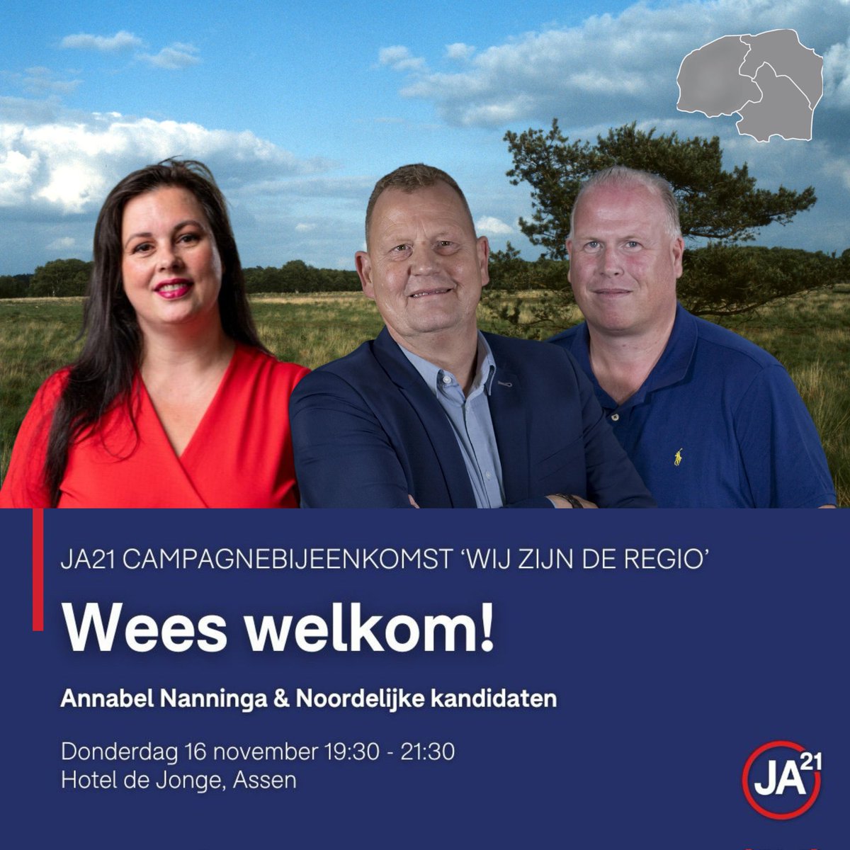Aanstaande donderdag (16-11-2023) komen de noordelijke kandidaten van JA21 samen met Annabel Nanninga naar Assen! We gaan in gesprek over belangrijke thema’s als asiel, mobiliteit, wonen, koopkracht en veiligheid. U bent van harte welkom!

Inloop: 19:30 
 eventbrite.nl/e/tickets-ja21…