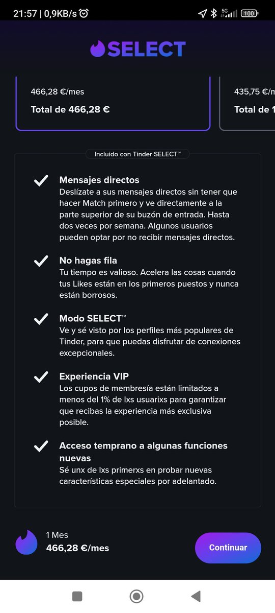 itsColetamakbra's tweet photo. Me ha salido esto en Tinder... 466,28 euros al mes???? Qué cojones es esto de Tinder Select? https://t.co/AkNwDV2Ttb