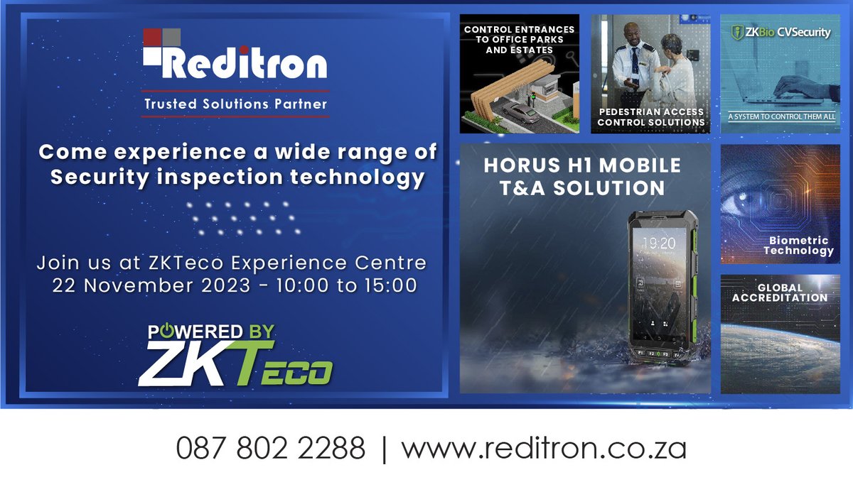 Reditron's tweet photo. As a loyal Reditron client, you’re invited to join us on Wednesday, 22 November 2023, at ZKTeco’s Experience Centre to see what is new &amp; on display.

Don’t miss out! Click here to RSVP. https://t.co/FDl8KDaOs9

#Reditron #TrustedSolutionsPartner #ZKTeco #ExperienceCentre https://t.co/MCKjhbyeZE