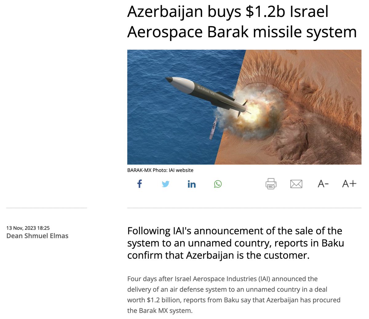 Israel just sold $1.2 billion in missile defense systems to Azerbaijan, weeks after the US approved an additional $14 billion in aid to Israel because Israel said it needed to expand its missile defense capabilities