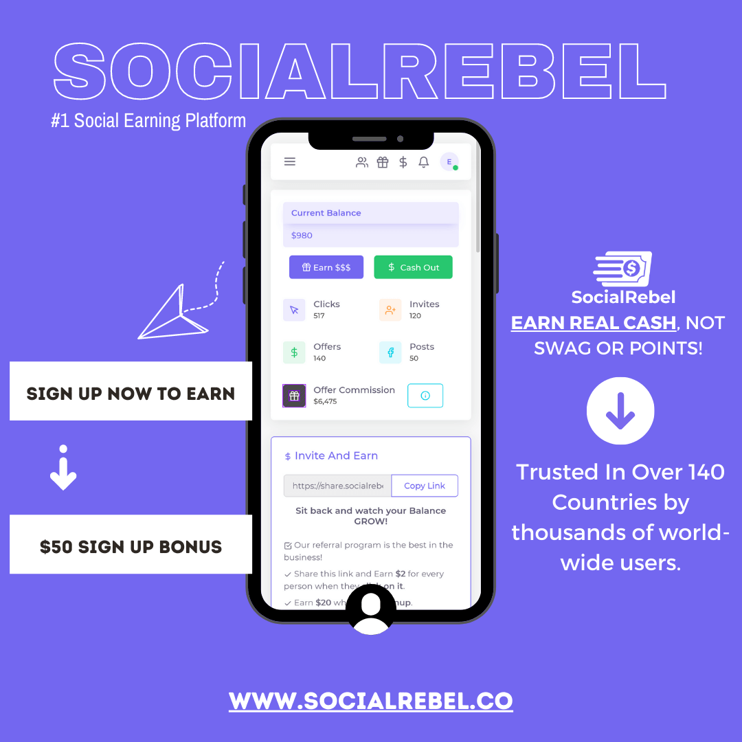 Ali76All's tweet photo. EARN CASH, NOT SWAG OR POINTS! SocialRebel let's you earn $500 daily. You get paid for testing apps, voicing your opinion and posting on social media. Signup now for a $40 bonus! https://t.co/f1zjfAoGTi #SocialRebel #trend https://t.co/GCS1HV0tzR