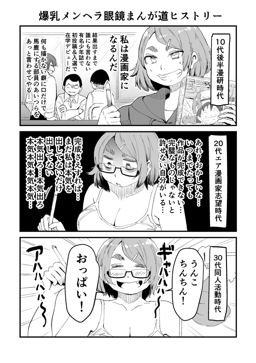 #作家になった流れ 

在学中に漫画家を目指すも初投稿で落選。
↓
10年以上作品が完成できず闇の時期を過ごす。
↓
漫画家あきらめコミティアに出会う。再び漫画が描けるようになる。
↓
運よく出版社から声をかかるが2回連載企画ポシャり虚無になる。
↓
エルフの落書きが連載化。単行本がでる。 