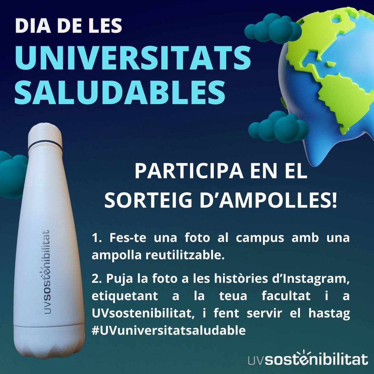 Sostenible_UV's tweet photo. Hui és l'últim dia per al Sorteig Dia de les Universitats Saludables. 
 1. Fes-te una foto al campus amb una ampolla reutilitzable 
2. Puja la foto al fil d'esta publicació  
3. Etiqueta la teua Facultat  i @UVSostenible_UV  
4. Fes servir el hastag #UVuniversitatsaludable https://t.co/yTKrTdvwzb