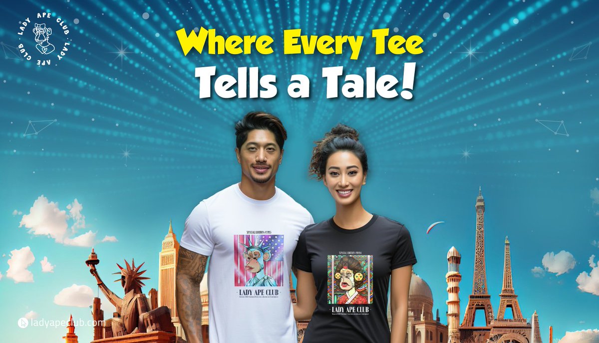ladyapeclub's tweet photo. 😘Ever heard a t-shirt tell a tale? 

LAC Shop turns streetwear into stories! Each #LadyApe and #BabyApe design narrates a unique story. Find the tee that speaks to you, and wear your narrative proudly. 

😇Check the LAC Shop (https://t.co/McoASRcss7)

#LadyApeClub #NFTs #LAC #LACShop #Lacairdrop
