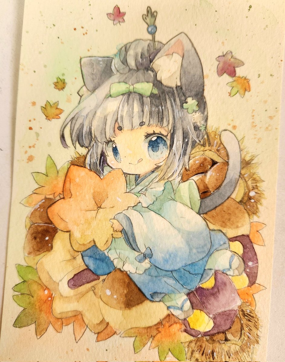「和菓子と黒猫ちゃんを秋っぽく… 」|きい(きみどり)のイラスト