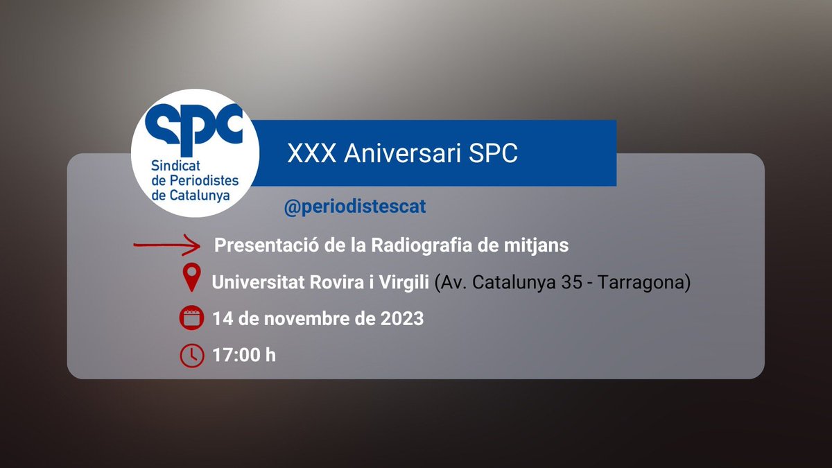 👉🏼 Presentació de la Radiografia dels mitjans de comunicació a Catalunya

📍URV - Campus Catalunya - Tarragona
📅 14 novembre 
🕚 17:00 h

🙋🏻‍♀️🙋🏻‍♂️ Us hi esperem!

#estudi
#radiografiamitjanscomunicacio
#premsadiaria
#premsadigital
#premsanodiaria
#tarragona
#sindicat
#30anysSPC