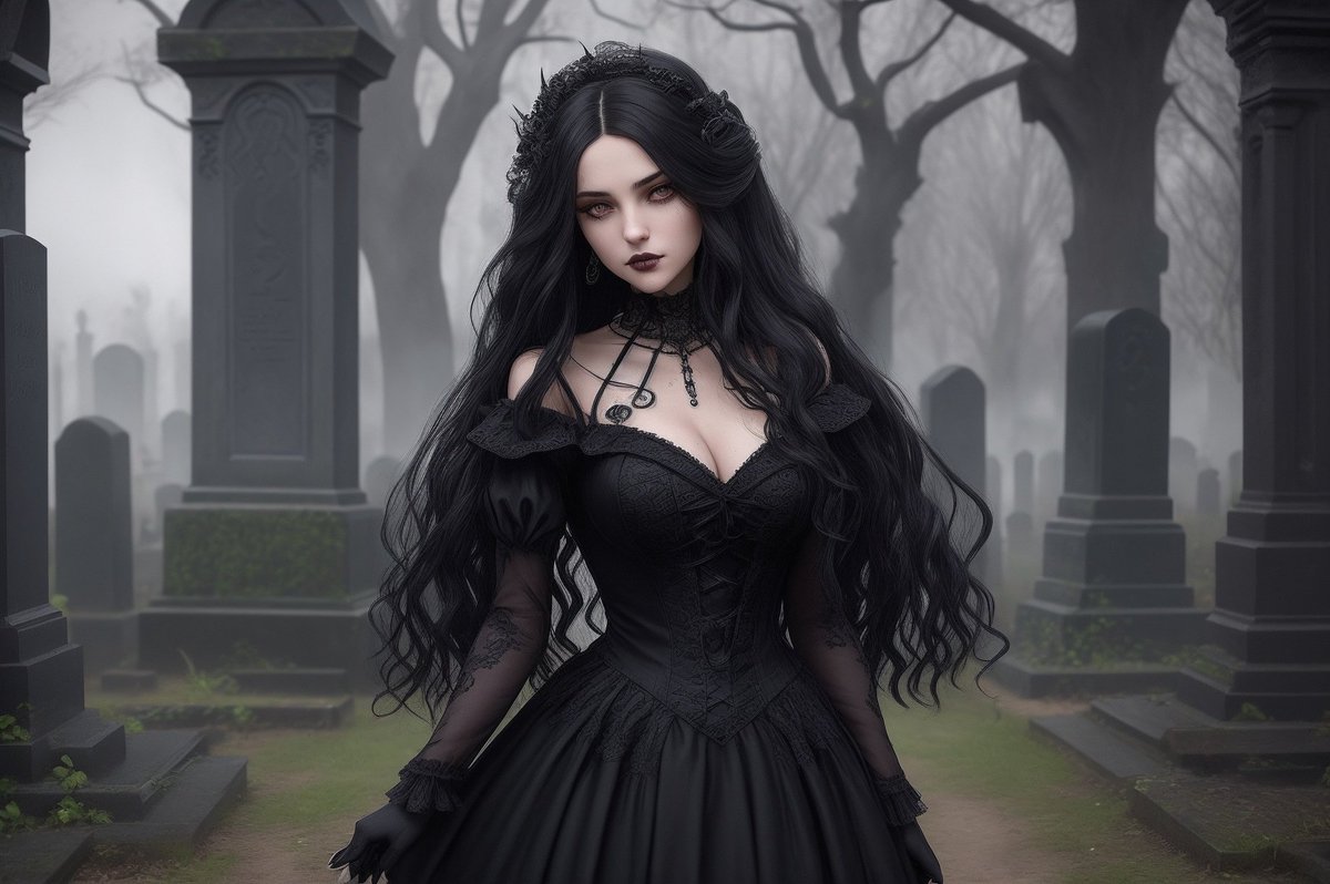 aitrendr's tweet photo. Explore Mysterious Beauty in this captivating photograph of a girl amidst an old cemetery with gothic elements. Long, wavy black hair and a dark gothic dress add to the haunting allure. 🌹✨ #MysteriousBeauty #GothicScene https://t.co/HKSSWMU0Vs