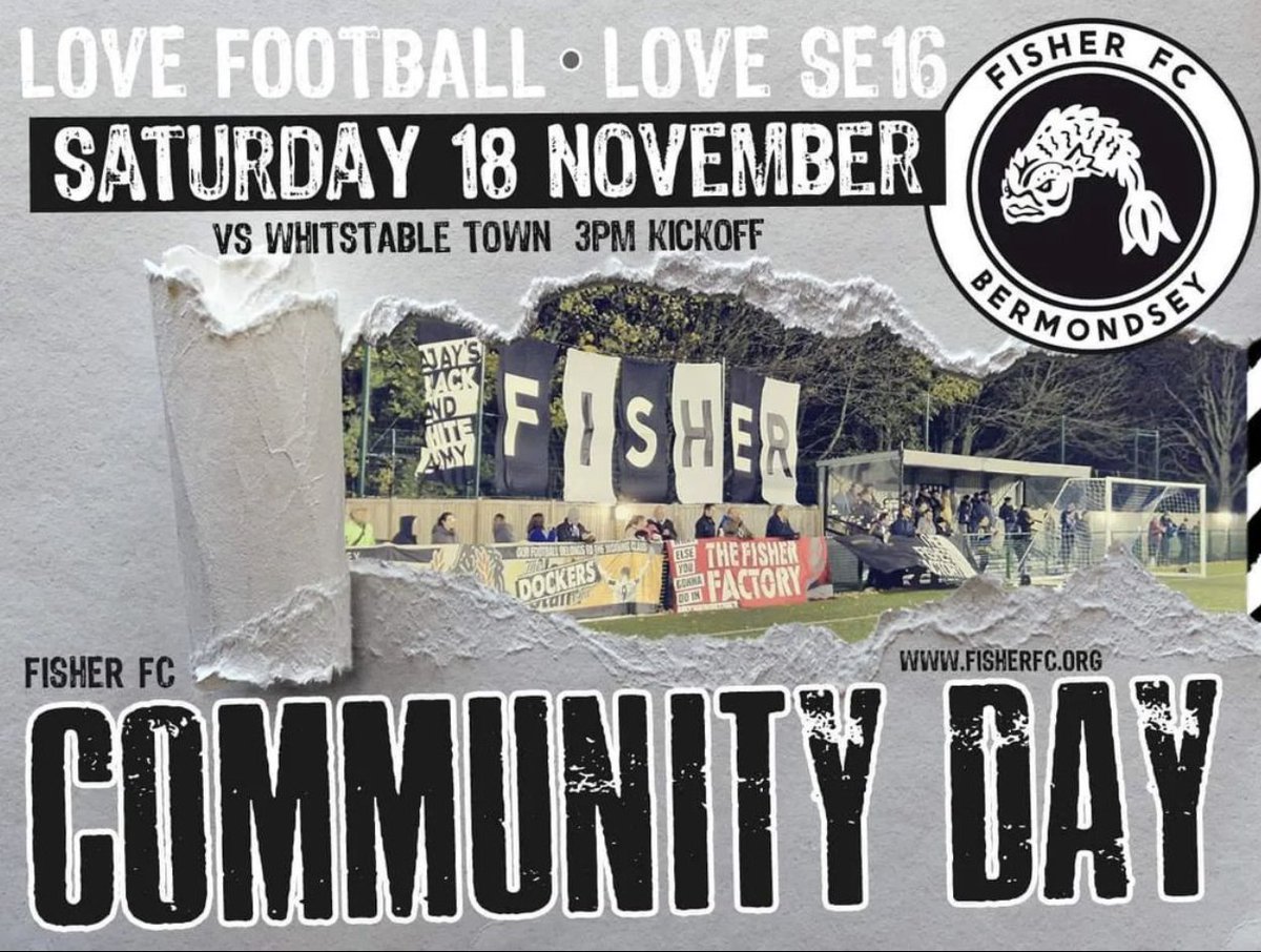 .<a href="/FisherFC/">Fisher FC</a> are hosting a community day at their game against <a href="/whitstabletown/">Whitstable Town Football Club</a>.  £1 from each paying supporter will be donated to <a href="/Time_Talents/">Time & Talents</a> who are fundraising for a new minibus.
Adults £8
Concessions £5
Under 16 
FREE (if accompanied, otherwise £1) 
👉fisherfc.org/fixture_and_re…