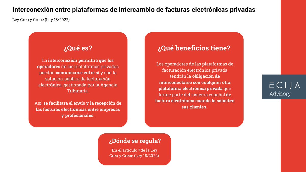 Interconexiones entre plataformas de intercambio de facturas electrónicas, otra novedad de la Ley Crea y Crece

#ECIJAAdvisory #facturaelectronica