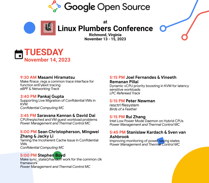 ⭐️ #LinuxPlumbers Conference Day 2 starts now!

See what's on today's agenda for the eBPF & Networking Track, Confidential Computing MC, LPC Refereed Track, and others ➡️ goo.gle/47sDTIy