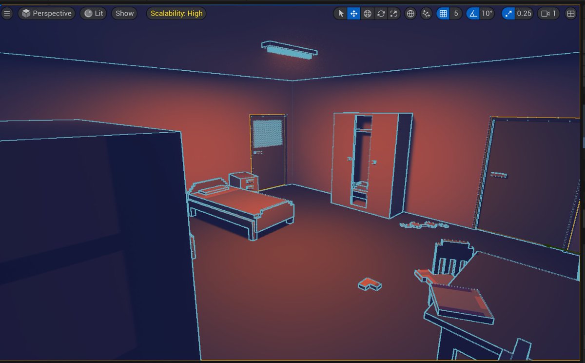 jerobarraco's tweet photo. after watching some videos from @Acerola_t i felt the need to implement a postprocess in #UE5 with #Gooch shading, (distorted) depth edge detection, and #OKLab color blending. 
(not how my game will look, but maybe for a special scene). (thanks for the info Acerola!) https://t.co/0JzmsksPzO
