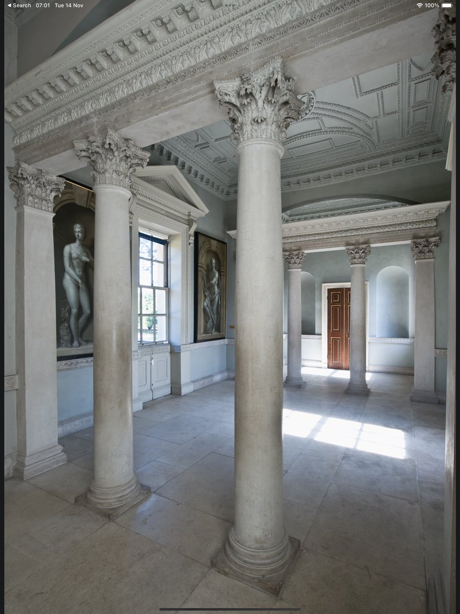 whitegoldsword's tweet photo. Blast from the past. The Upper Link or Communications corridor at #ChiswickHouse. This provided an undercover entrance from the old #Jacobean house into the #Gallery of the villa. The architecture is of the #CompositeOrder, hierarchically the most decorative and important of all five of the Roman architectural orders. The ceiling designed is based on a #renaissance drawing of the lid of a #mausoleum in the Roman funerary city of #Pozzuoli, which #Burlington owned in his collection. The arch above the entablature was copied by #RobertAdam in the library at #KenwoodHouse. The screens of columns divide the room up and reference the Roman bathhouses.
The view of the gardens shows #funeraryUrns and #CypressTrees in memory of those buried along the route of the #ViaAppia which was the main road leading to Ancient Rome.
A splash of colour was added here in the 20th century with the loans of three paintings painted in an en grisaille palette by #SirGodfreyKneller of #Hercules, #Apollo and #Venus. Regrettably, they have now been returned to their loaner, Lord Bathurst. Originally they hung in #AlexanderPopes Villa at Crossdeep, Twickenham. @Chiswick_House @EHKenwood