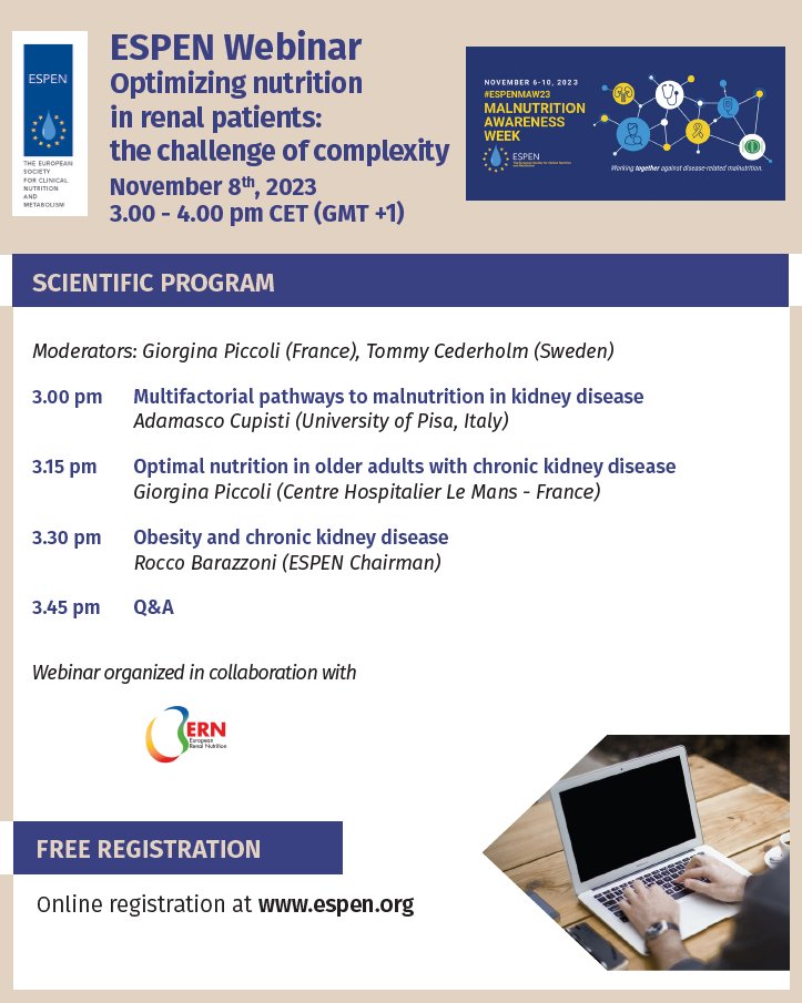 ESPEN (@espenorg) on Twitter photo Recording of the ESPEN and <a href="/ERAkidney/">ERA - European Renal Association</a> Webinar “Optimizing nutrition in renal patients: the challenge of complexity” – November 8th, 2023
watch again for 2 months 👇 dropbox.com/scl/fi/g01qri2…
Then available to ESPEN members on espen.org
#ESPENMAW23 #NutritionMatters Recording of the ESPEN and <a href="/ERAkidney/">ERA - European Renal Association</a> Webinar “Optimizing nutrition in renal patients: the challenge of complexity” – November 8th, 2023
watch again for 2 months 👇 dropbox.com/scl/fi/g01qri2…
Then available to ESPEN members on espen.org
#ESPENMAW23 #NutritionMatters