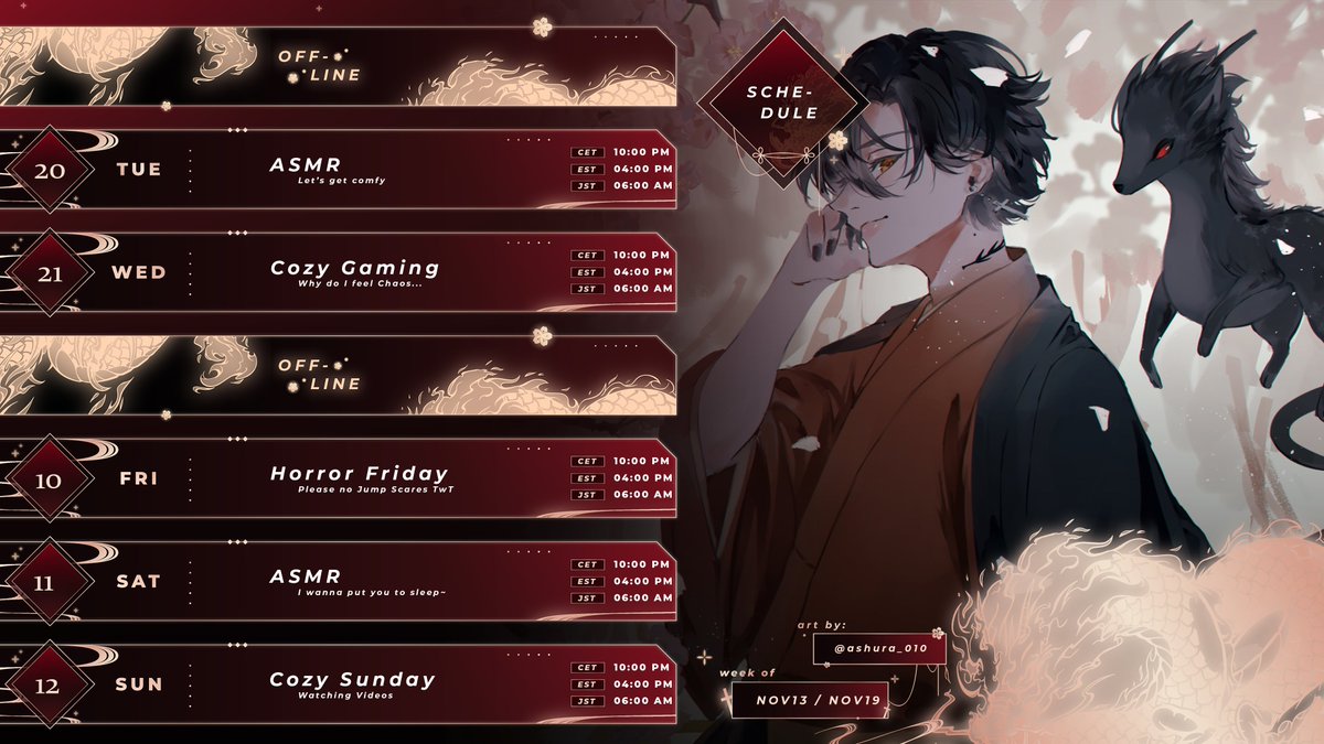 xRekudo's tweet photo. 🦇Weekly Schedule 🖤
Nov 13 - Nov 19
General: #Rekudo
Live: #RekuLive
Art: #RekudoArt
NSFW: #R18Kudo
Fans: #Batlings
Memes: #RekuMemes
Clips: #RekuClips https://t.co/pABmo3m39d