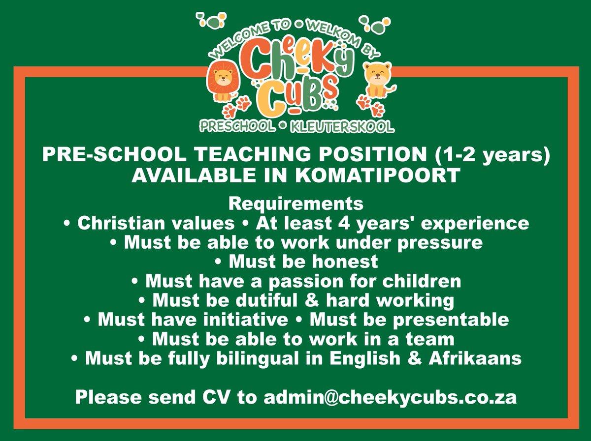 GorePrinting's tweet image. Cheeky Cubs - PRE-SCHOOL TEACHING POSITION (1-2 years)
AVAILABLE IN KOMATIPOORT

Please send CV to admin@cheekycubs.co.za

#jobmpumalanga #teachingpositions #TeachingJobs #preschool