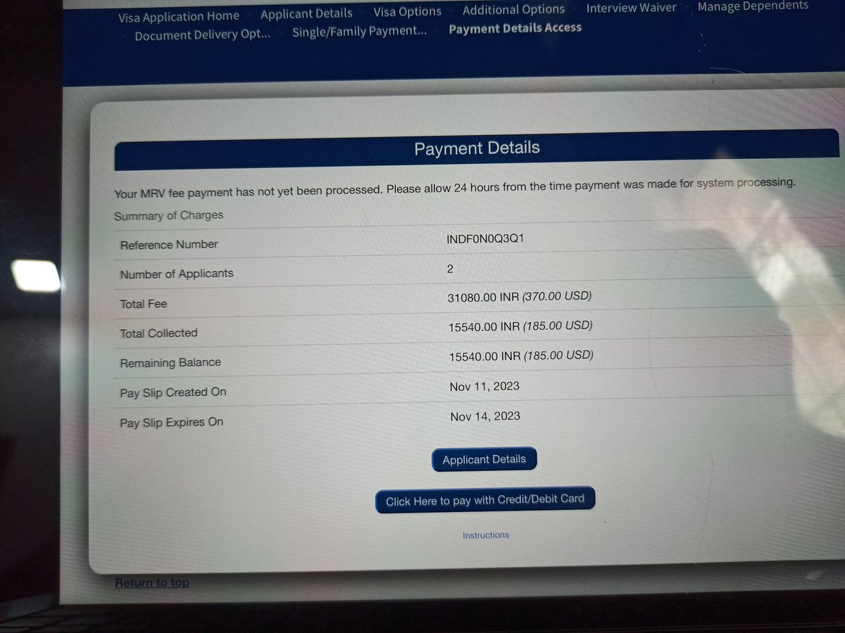 Ravi_JGD's tweet photo. Trying 2 apply USVisa frm @USAndMumbai us visa scheduling site.Made payment 4 self &amp; pending payment 4 dependant.But pathetic system of @VFSGlobal @vfsglobalcare not allowing me to proceed. They have not yet processed my payment &amp; my slip is abt 2 expire. Not sure what that means https://t.co/l6MZ3MTcvE