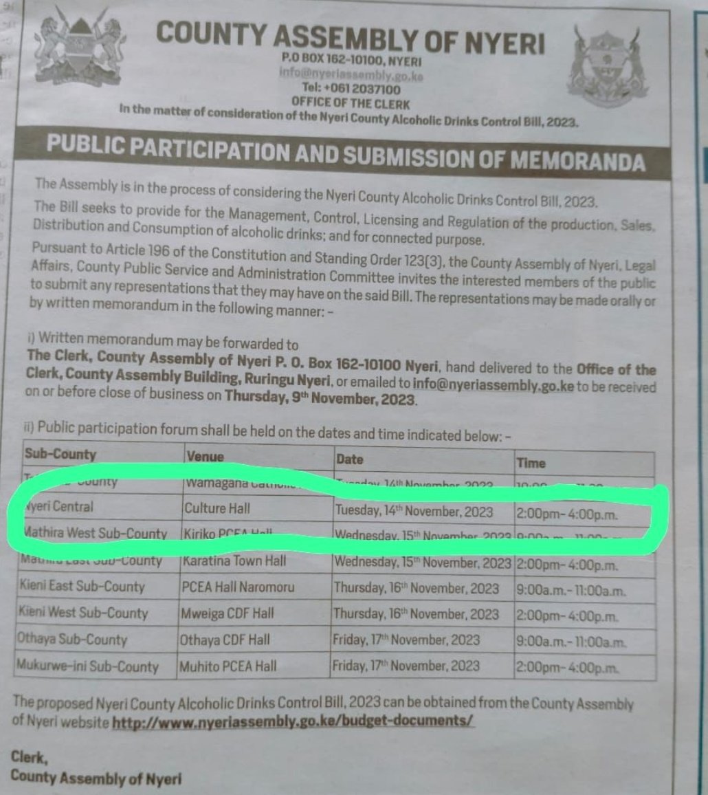 Starting today 14th Nov to 17th Nov 2023, there is a public participation forum to discuss the Nyeri County assembly @County19Nyeri Alcohol Drinks Control Bill 2023. Proposed #alcoholfreezones funds for #alcoholprevention #awareness #treatment  #rehabilitation #alcoholcontrol