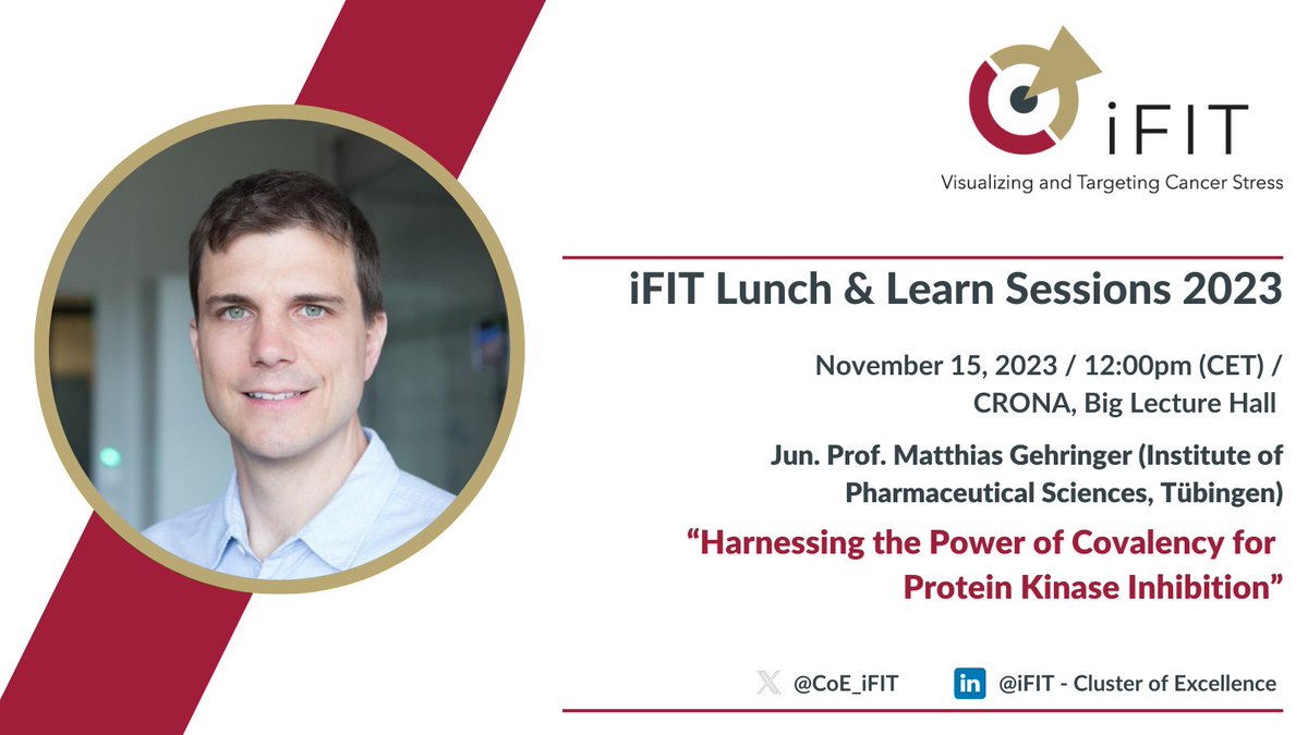 CoE_iFIT's tweet photo. Looking forward to tomorrow's Lunch &amp; Learn Session with a #talk from Matthias Gehringer on "Harnessing the Power of #Covalency for #Protein #Kinase #Inhibition" 
📆Nov. 15
🕕12:00pm (CET)
🏥CRONA, Big Lecture Hall
➡️https://t.co/A7jWZgTwyu https://t.co/0s2RI5iCLA