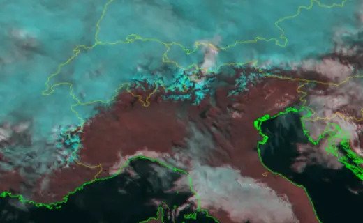 SEVIRI HRV Fog RGB – 13 Nov, 2023, 12:00 UTC – A blanket of Alpine snow peeks out from under a cloud cover. The RGB combines the HRV and NIR1.6 channels, since the reflectivity of snow is much higher in the HRV channel, the combination can be used for snow to ice distinguishon.