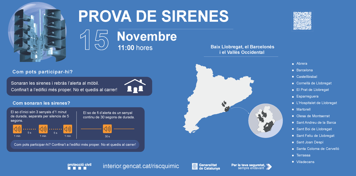 Recorda ❗❗

⚠🚨 Demà dimecres es farà la prova de sirenes de risc químic a 16 municipis del Baix Llobregat, el Barcelonès i el Vallès Occidental

❌📞 No truquis al 112, es tracta d'un simulacre!