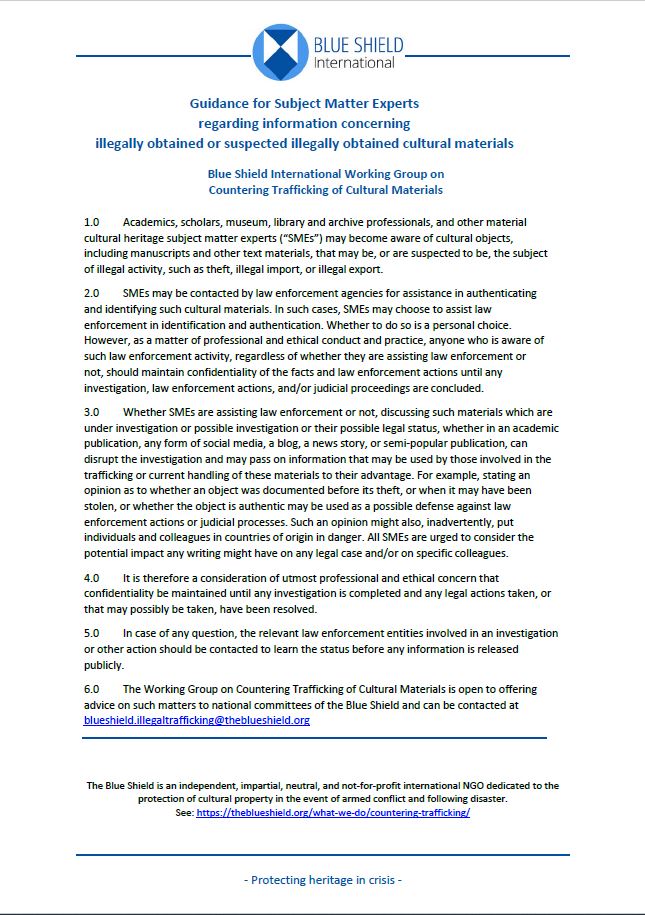 It's the #InternationalDayAgainstIllicitTraffickingInCulturalProperty The BSI Countering Trafficking WG know of cases where heritage professionals discussed materials under investigation, disrupting the investigation. Read this good practice Guidance Note: theblueshield.org/what-we-do/cou…