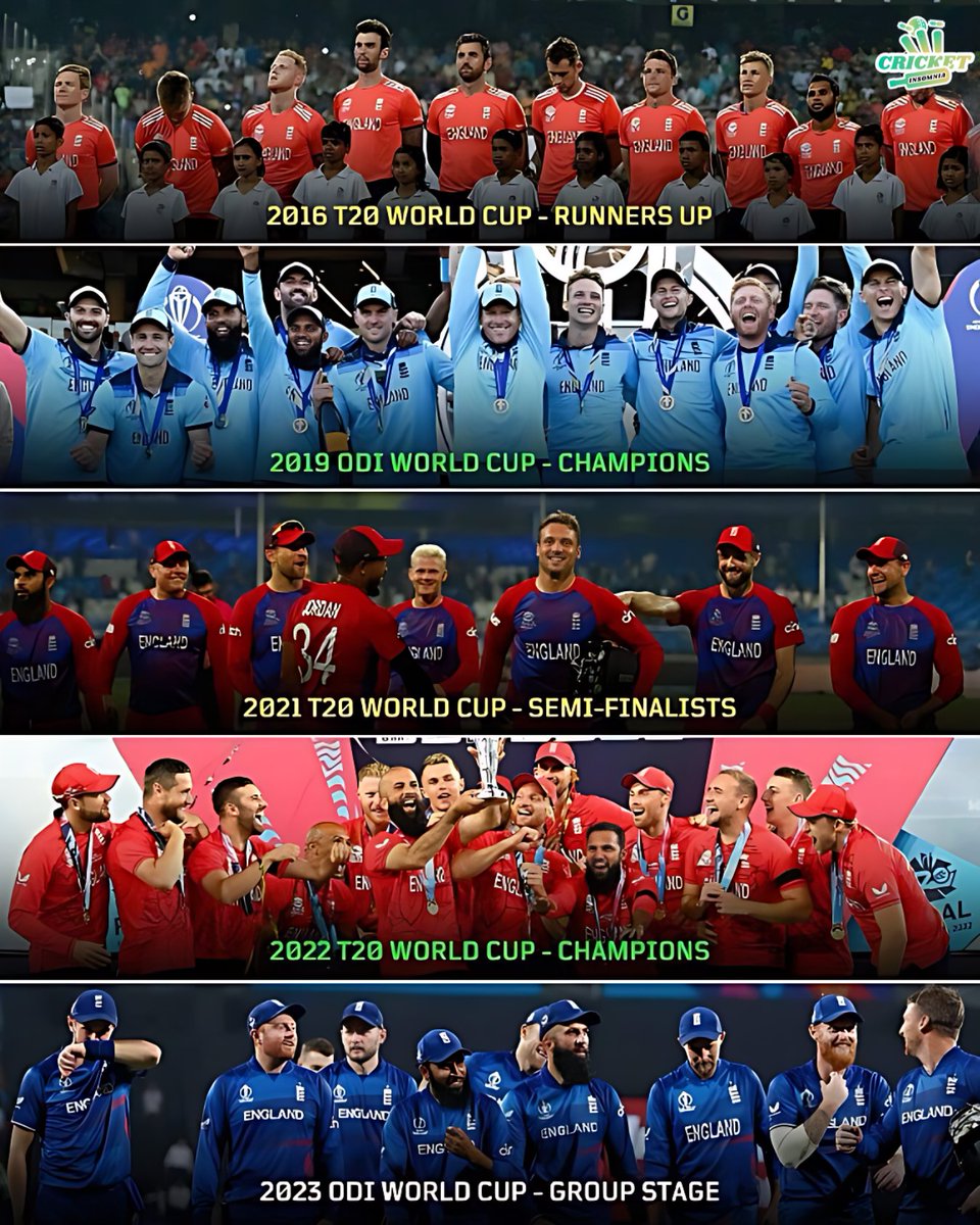CricketInsomnia's tweet image. England's last 5 World cups (ODI &amp;amp;T20) results 🏆🏏

#englnd #teameng #cricket #cricketnews #CWC23 #EionMorgan #JoeRoot #Fab4 #JonnyBairstow #BenStokes #cricketinsomnia