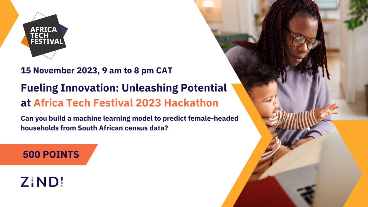 We're thrilled to share that our partner, <a href="/ZindiAfrica/">Zindi</a>, will host a #Hackathon at #AfricaTechFestival 2023! 🚀 

The theme: "Tutorial: Womxn in Big Data South Africa: Female-Headed Households in South Africa Challenge"

➡ Learn more &amp; apply to take part: spr.ly/6019uQzU7