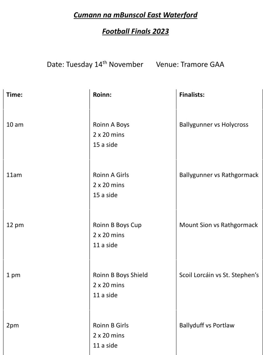 Get out to Tramore today and support our footballers in the Eastern Finals! 
<a href="/TramoreGAA13/">Tramore GAA</a> <a href="/WaterfordGAA/">Waterford GAA</a> <a href="/DeiseUnderage/">Bord na nÓg Port Lairge</a> <a href="/WaterfordLGFA/">Waterford LGFA</a>