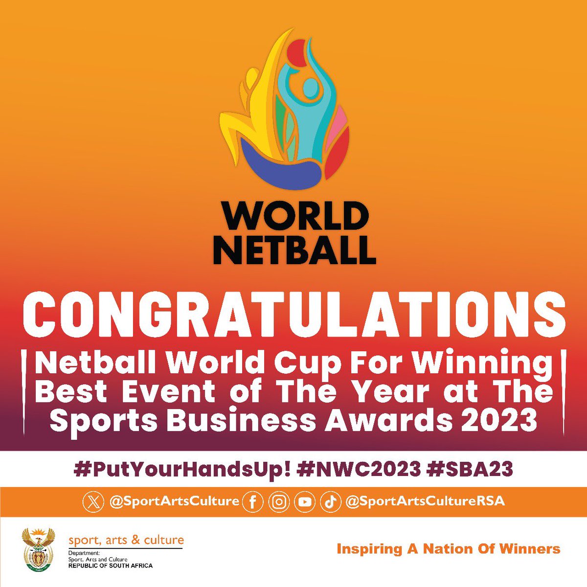 Congratulations to the Netball World Cup as the best event of the year in 2023 at the Sports Business Awards.

The event had positive feedback, attendance from South Africans & fans around the world, great engagement & magnificent brand awareness.

#NWC23 #PutYourHandsUp #SBA23
