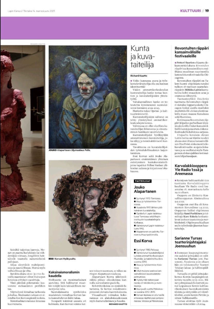 Kulttuuria kansalle, Lapin kansa tänään, juttu Essin ja minun näyttelystä koko aukeaman laajuudelta. Juttu luettavissa netti sekä paperi lehdissä. #lapinkansa  # kulttuuri #kritiikki #taidenäyttely #rajalla #rajallapågränsen #galleriakortteeri #tornio #haaparantatornio