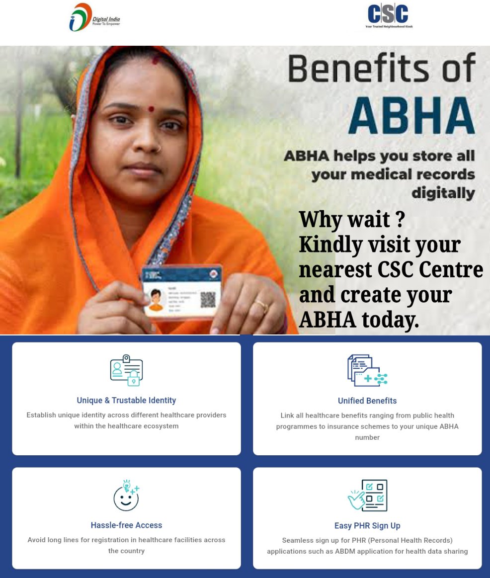 Why wait ?
Kindly visit your nearest Common Service Centre (CSC) and create your ABHA today.