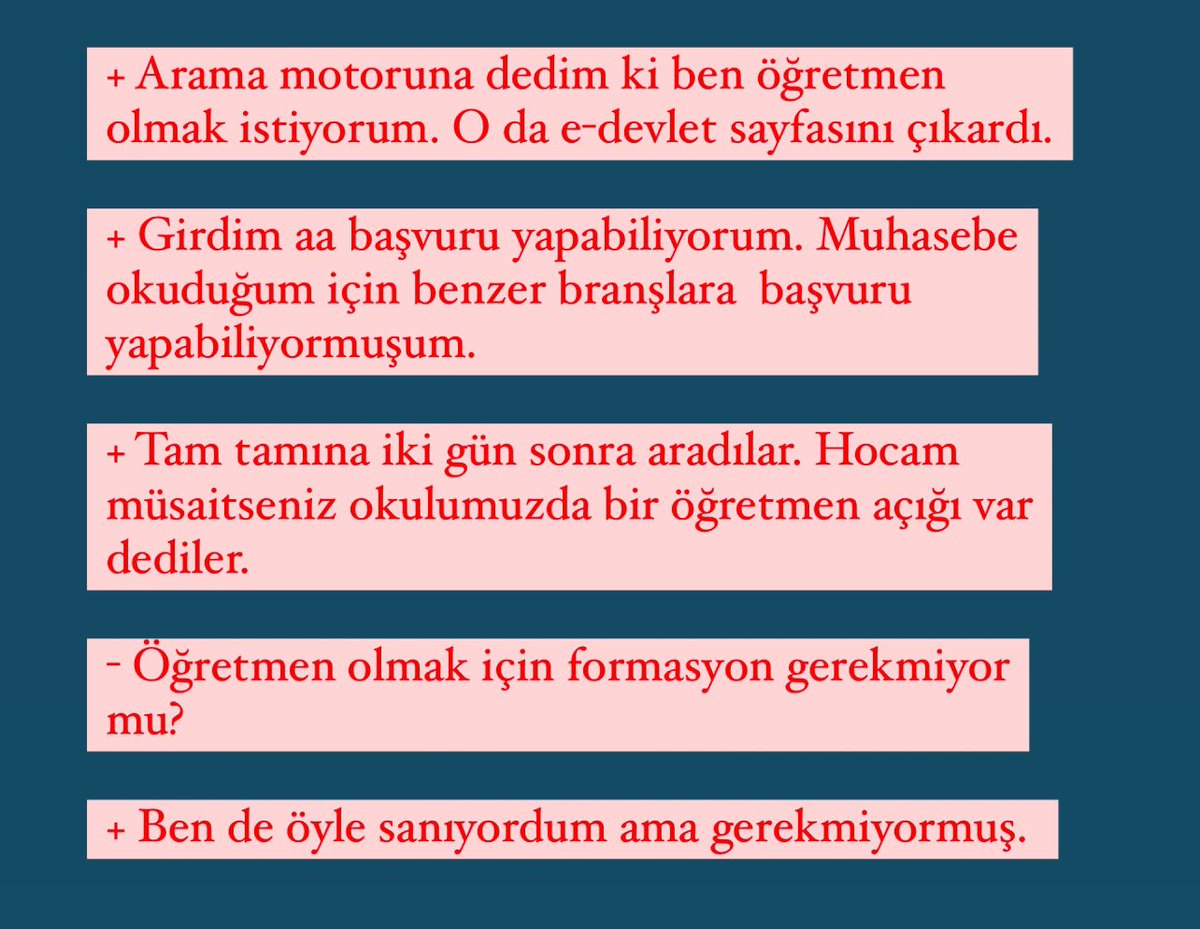 Derdiniz eğitimin kalitesi, niteliği olsaydı aşağıdaki diyaloga şahit olmazdık. Ücretli öğretmenlik adı altında öğretmenlik mesleğini ayaklar altına alıp emeği ile bir yerlere gelmek isteyenlerin önüne kırk tane set çekerseniz kimse samimiyetinize inanmaz. #MülakataHayır