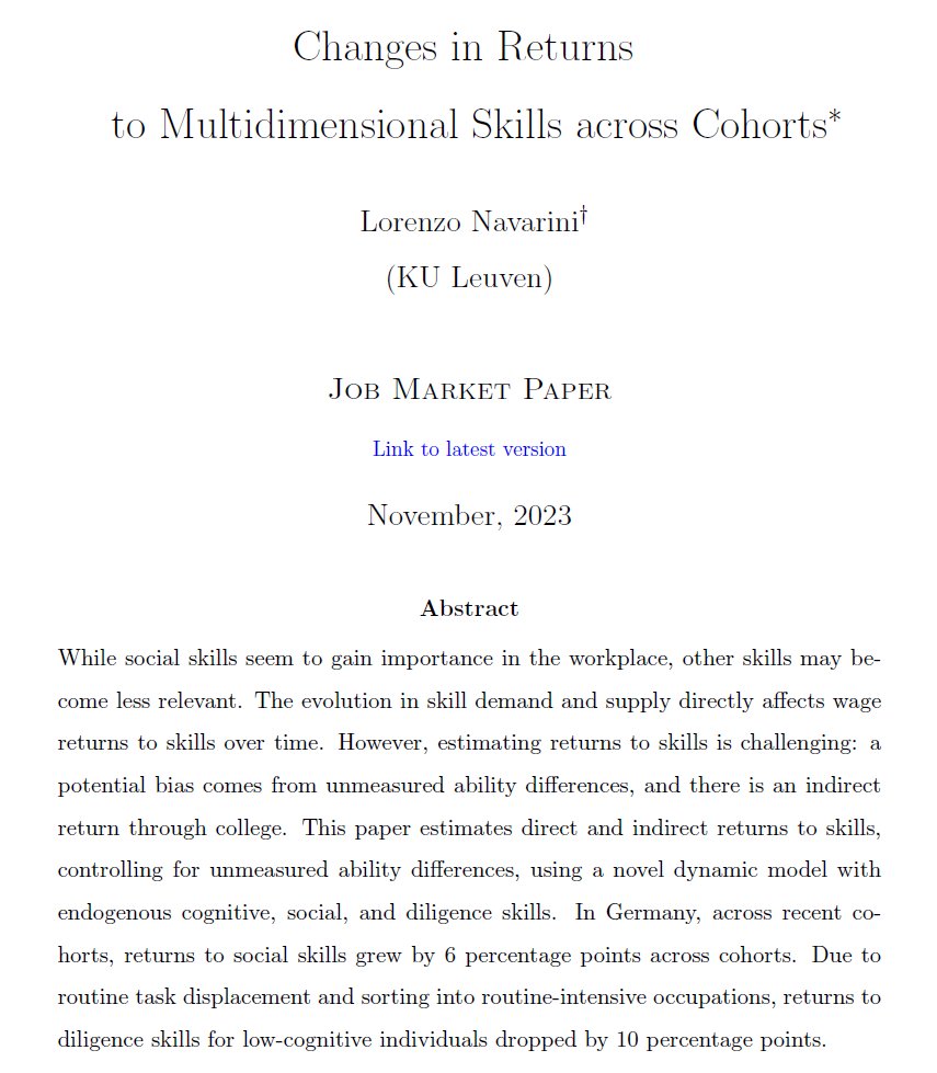 Hi #EconTwitter! 🚨📢 A🧵on my JMP! 📢🚨 'Changes in Returns to Multidimensional Skills across Cohorts' ❓ Which skills are becoming more or less relevant in today's labor market? Link to my website: lorenzonavarini.com Link to the paper: lorenzonavarini.github.io/JM/JMP.pdf (1/10)