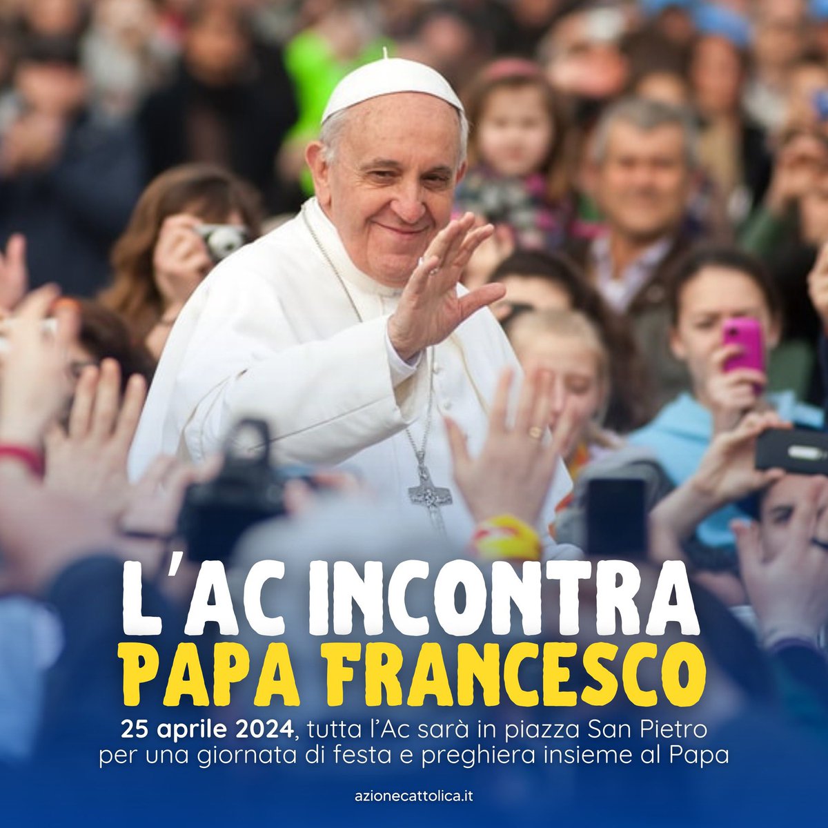 25 aprile 2024: Incontro nazionale di Ac in Piazza San Pietro con #PapaFrancesco, per ascoltare la sua parola e fare festa insieme a lui.
​
🗓 Questo importante appuntamento aprirà idealmente la XVIII Assemblea Nazionale Ac, che proseguirà poi da venerdì 26 a domenica 28 aprile.