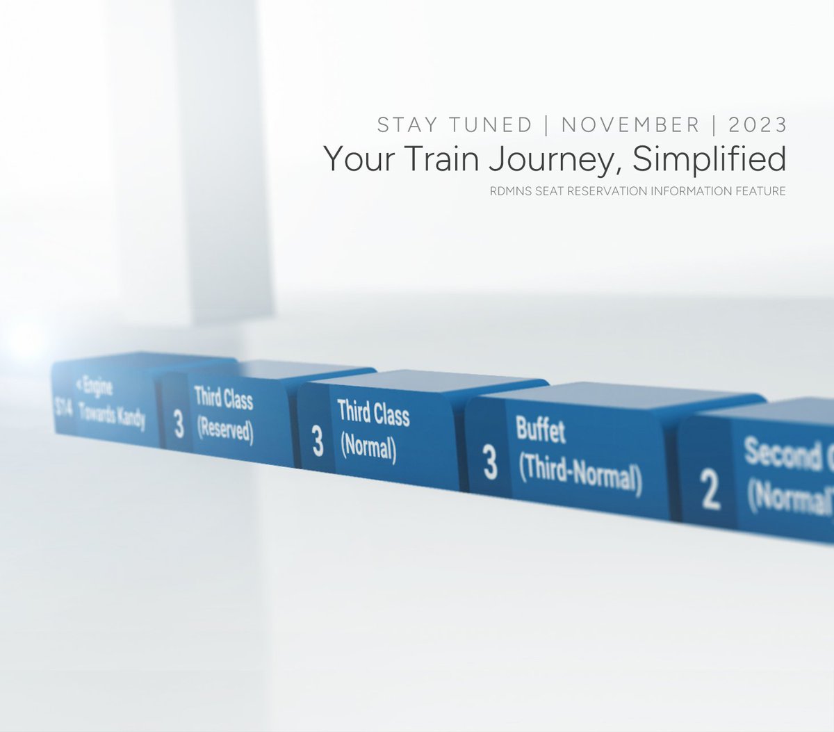 Get ready for a seamless train journey in Sri Lanka with RDMNS.

Introducing our upcoming Reservation Information Feature, your go-to solution for stress-free travel planning. 

Stay tuned for the big reveal! 📲 
NOVEMBER | 2023
#RDMNS #ComingSoon #YourTrainJourneySimplified