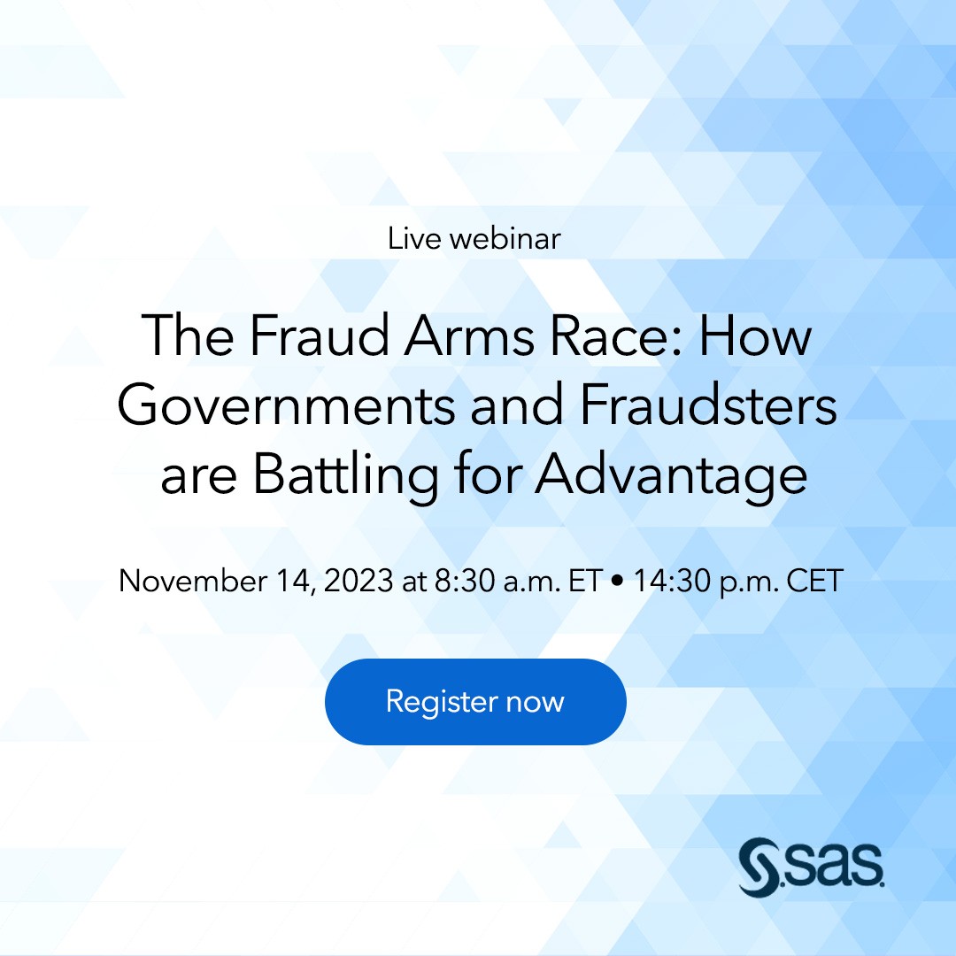Don't miss today's webinar at 8:30 a.m. ET / 14:30 p.m. CET to learn about the countermeasures governments are enacting to stop scams and fraud and the “innovations” fraudsters are deploying. 2.sas.com/6014ux3z0 #fraud #sas #government