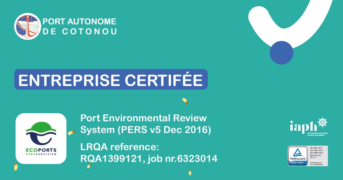 portdecotonou's tweet photo. Le #Port de #Cotonou est fier d’annoncer qu’il a reçu la prestigieuse certification du label #EcoPort, une distinction internationale qui récompense les ports engagés dans une démarche de développement durable.
En effet, depuis plusieurs années, le Port Autonome de Cotonou s’est engagé dans une série d’actions concrètes en faveur de la qualité de ses prestations, de la protection de l’#environnement et de la #santé & la sécurité au travail.
Ce qui lui avait déjà valu l’obtention des certifications 𝐈𝐒𝐎 𝟗𝟎𝟎𝟏 : 𝟐𝟎𝟏𝟓; 𝐈𝐒𝐎 𝟏𝟒𝟎𝟎𝟏 : 𝟐𝟎𝟏𝟓; 𝐈𝐒𝐎 𝟒𝟓𝟎𝟎𝟏 : 𝟐𝟎𝟏𝟖.
C’est donc dans une approche d’amélioration continue que le PAC continue de mener ses actions pour maintenir et renforcer ses normes environnementales élevées et répondant aux standards internationaux.
L’obtention de cette certification du label EcoPort vient renforcer le positionnement du Port de Cotonou en tant que futur hub logistique de la sous-région.
#LePortdeCotonouenMarche #EcoPort #Transport #Logisitique #Commerce #Trade #Bénin #Wasexo #team229