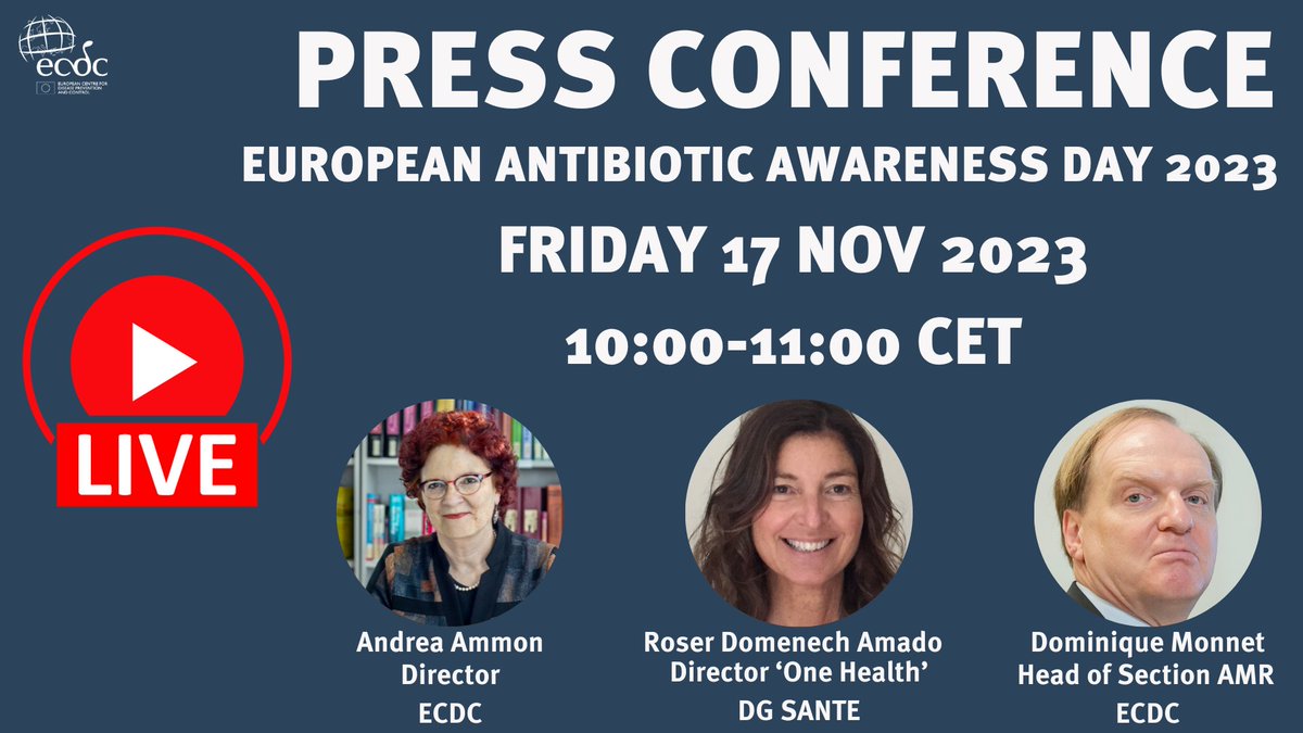 ECDC_EU's tweet photo. #ForMedia
ECDC will hold a press conference to present the latest data on #AMR and #AntimicrobialConsumption.
When:
17 Nov: 10:00-11:00 CET
Speakers:
➡ Andrea Ammon - ECDC
➡ Roser Domenech Amado - @EU_Health
➡ Dominique Monnet - ECDC
Register here: https://t.co/IOBibcHTSV https://t.co/pSA2XdsEHl