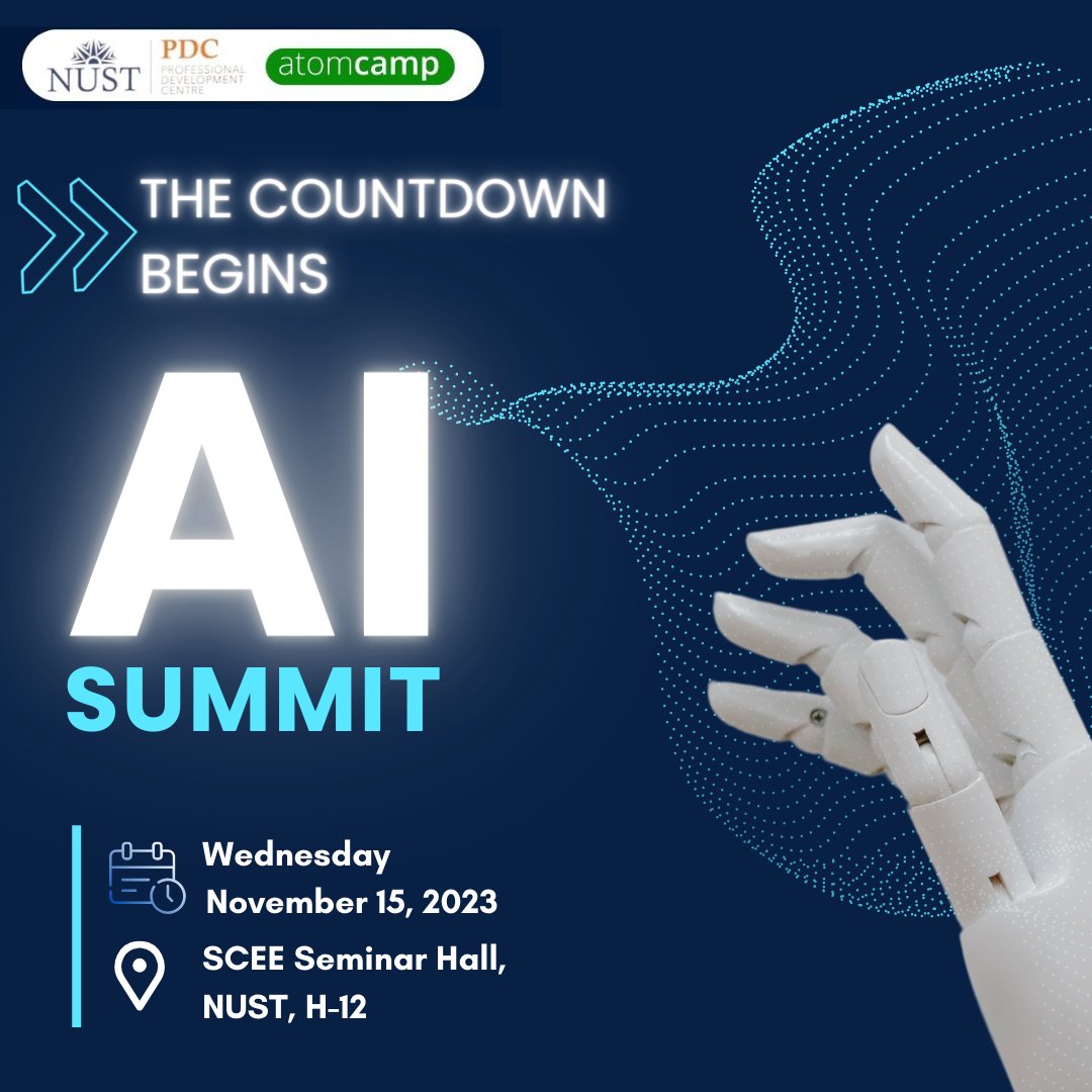nustpdc's tweet photo. Gear up for the future! Join the countdown to the AI Summit, a dynamic collaboration between NUST PDC and @atomcamp.

Dive into cutting-edge insights with our power-packed panel discussions and keynotes!

#nustpdc #atomcamp #AISummit https://t.co/Vm5hEbdu2Z
