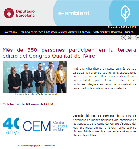AccioClimaDIBA's tweet photo. 🆕 Ja tens el butlletí #eambient núm. 171 a la teva bústia si t'hi vas subscriure ❗️
📢 Si encara no ho has fet, t'avancem que aquest mes parlem del @congres_aire, les celebracions dels 40 anys del Centre d'Estudis del Mar (#CEM) de la @diba i molt més👇
https://t.co/nwMHtBvPlH https://t.co/4bk19mURUy