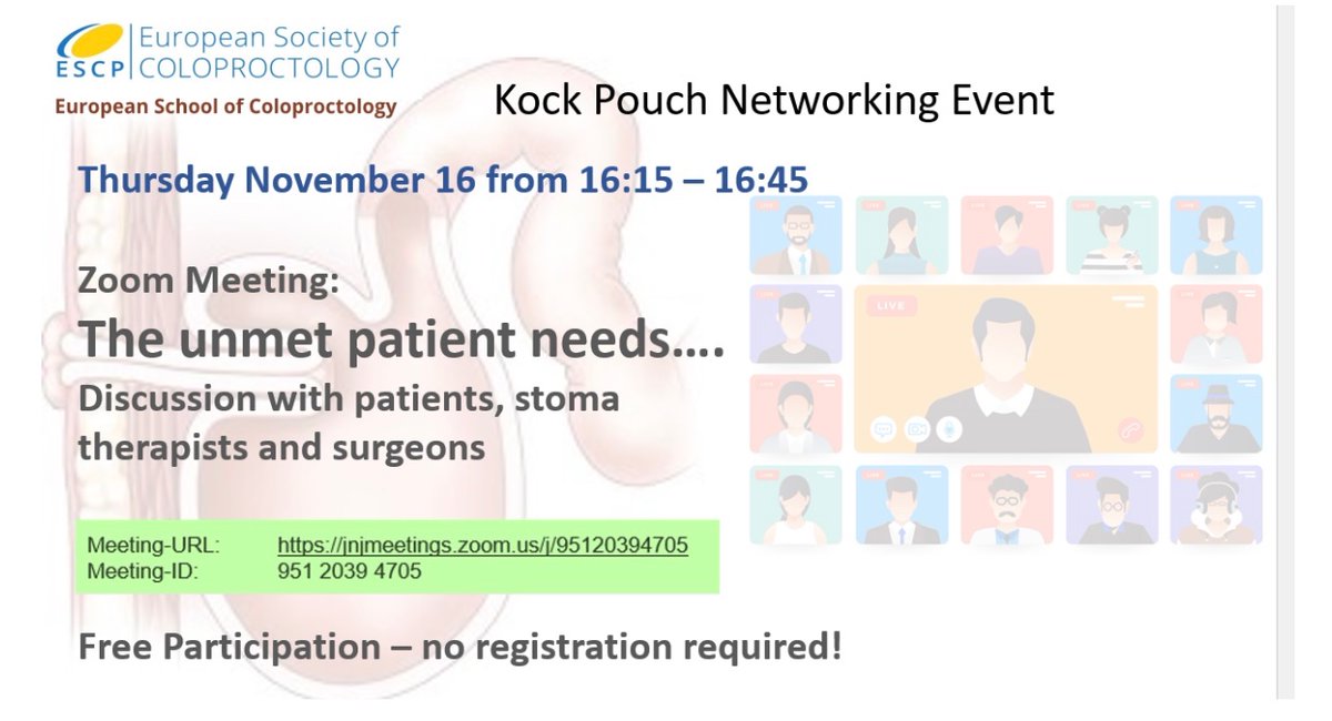 Ogenzuster's tweet photo. Zoom meeting with @GabrielaMoslein, Kock-Pouch surgeon. 

“The unmet needs of patients with a Kock – Pouch. A networking discussion“.

The zoom meeting is next Thursday, November 16 from 4:15 PM - 4:45 PM, local time (Germany) 

https://t.co/LIwgdzjR7s https://t.co/Ttc943Mbof