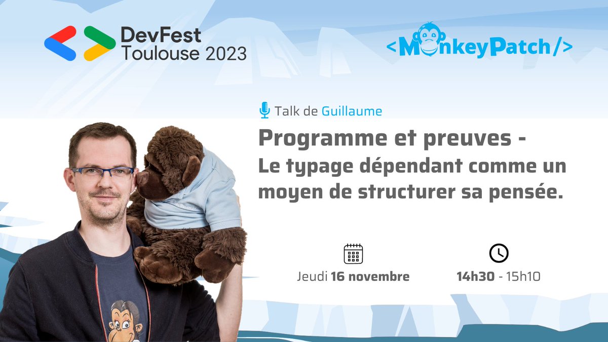 MonkeyPatch_io's tweet image. [📢​@DevFestToulouse 2023 – Talk]

🎙Découvrez les types dépendants à travers des exemples simples, dans le langage #idris2 avec @glmxndr. Il nous invitera à réfléchir sur la notion de preuve en explorant les possibilités qu’offrent ce typage 👌.

#TypeTheory #DependentTypes